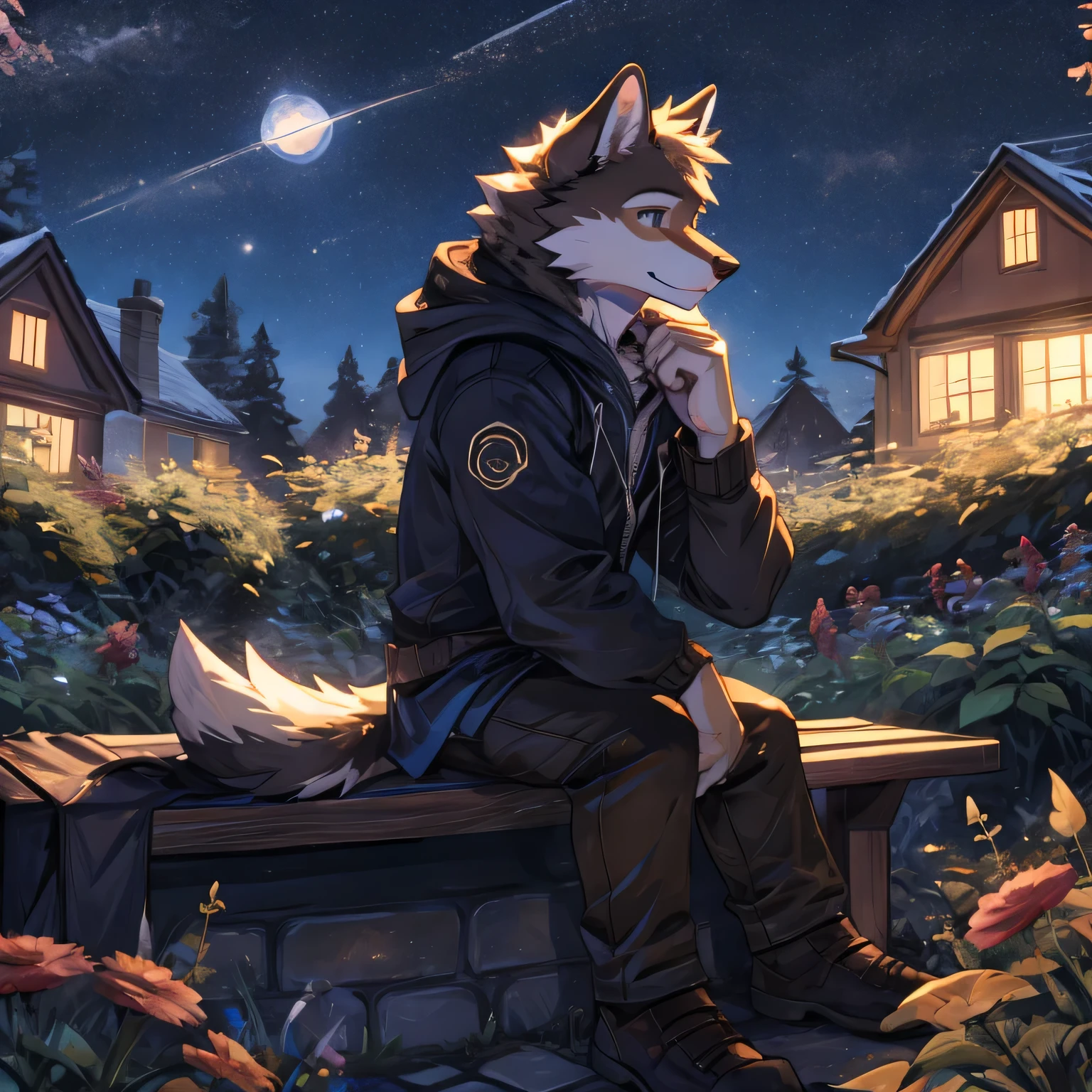 (best quality, masterpiece)white wolf,brown eyes,garden,Medium bench,sitting,night,Under the starry sky,A smile with a hint of sadness,hoodie,one person,