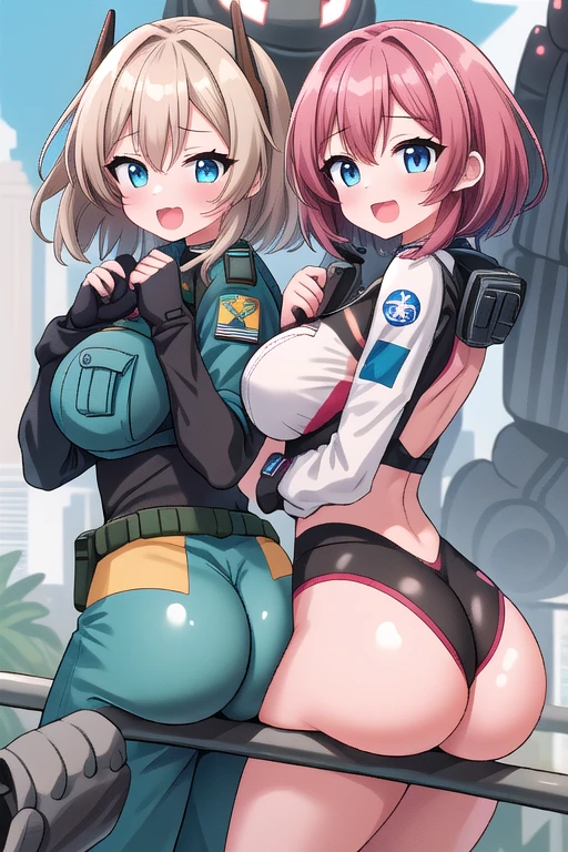 2 ragazze diverse viste da dietro,ass support,guardandole da dietro,large full ass,large full breasts,felice di stare con te,enorme culo,enormi tette,ultra-highres, ultra-detailed, best quality,perfect hands,2 ragazze,2 Titanfall 2 pilots uniform girls,hi-fi city background,2 girls,2 girls,horny face,horny pose,horny,hot face,happy face,:D,huge breasts,huge ass,breasts squezzed togheter