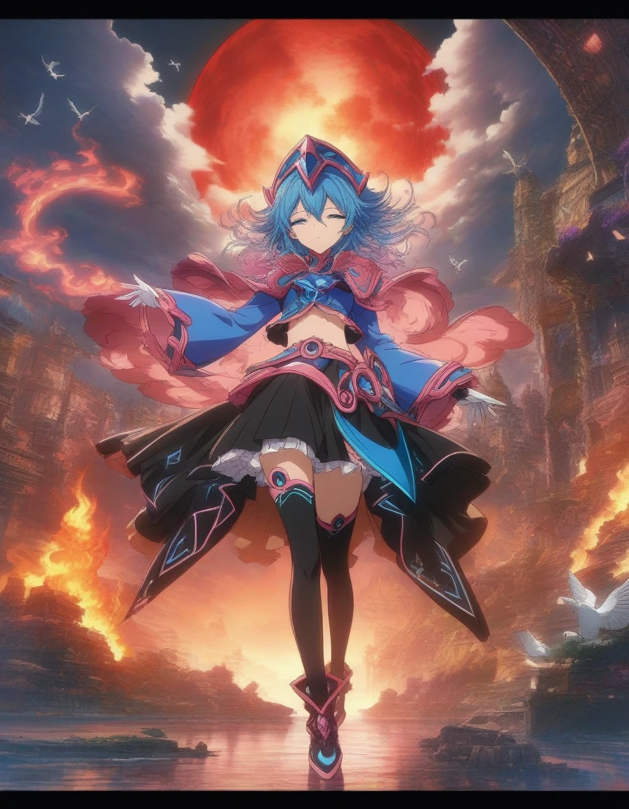 1girl, (dark magician girl:1.1), beautiful detailed glow, (beautiful detailed eyes), big forehead,flower, large top sleeves, Floating ashes, Beautiful and detailed explosion, red moon, fire, Fire cloud, Wings on fire, a cloudy sky, smoke of gunpowder, burning, black dress, expressionless, beautiful detailed white gloves, Dove of peace, (floating cloud:1.2), azure hair, long bangs, hairs between eyes, black knee-highs, black ribbon, white bowties, midriff,(((half closed eyes))), detailed matte painting, deep color, fantastical, intricate detail, splash screen, complementary colors, fantasy concept art, 8k resolution trending on Artstation Unreal Engine 5 . (masterpiece), (best quality), (ultra-detailed), very aesthetic, illustration, disheveled hair, perfect composition, moist skin, intricate details, anime artwork, anime style, visual, vibrant, studio anime, highly detailed, aesthetic