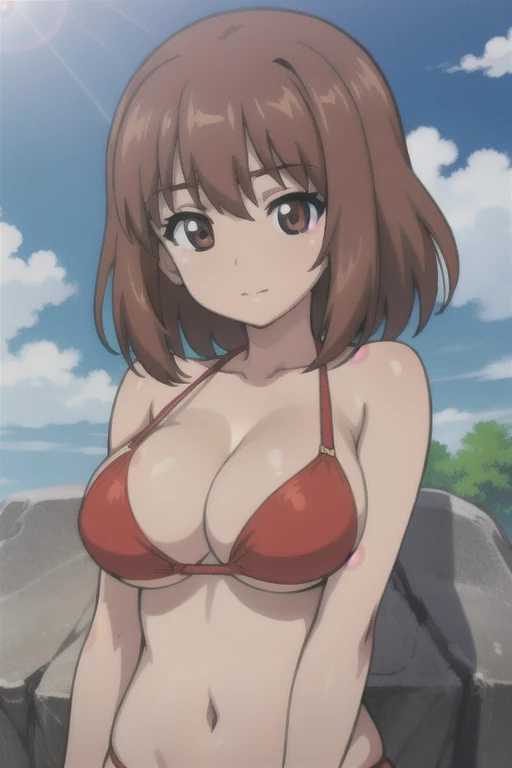 (anime cels style, best quality, high resolution, megami magazine, anime poster style, sharp, 8k, photorealistic), (beautiful eyes:1.2), (kondou_taeko:1.5, Girls und Panzer), 1girl, brown medium hair, brown eyes, (red headband), (large ), (red bikini), upper body, (perfect detailed anatomy, beautiful face, perfect body, perfect arms, shiny skin), sunshine, bluesky