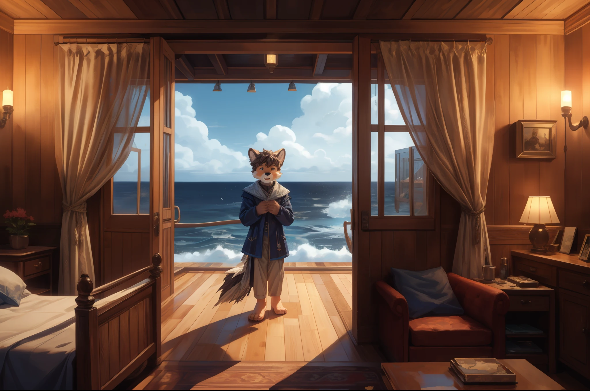 (((Barefoot furry character, full body, cinematic setting, cute furry boy))) 

Masquerading as a man with a reason.
My charade is the event of the season
and if I claim to be a wise man, well
it surely means that I don't know.

On a stormy sea of moving emotion
tossed about I'm like a ship on the ocean.
I set a course for winds of fortune,
but I hear the voices say:

(Carry on my wayward son.)
(There'll be peace when you are done.)
(Lay your weary head to rest.)
(Don't you cry no more.)

BREAK, detailed background, 8K, (masterpiece:1.5), intricate details, highly detailed, extreme detail, octane render, fine art, best quality, highres, (detailed face:1.5), ((full_body)), UHD, (((perfect hands)))