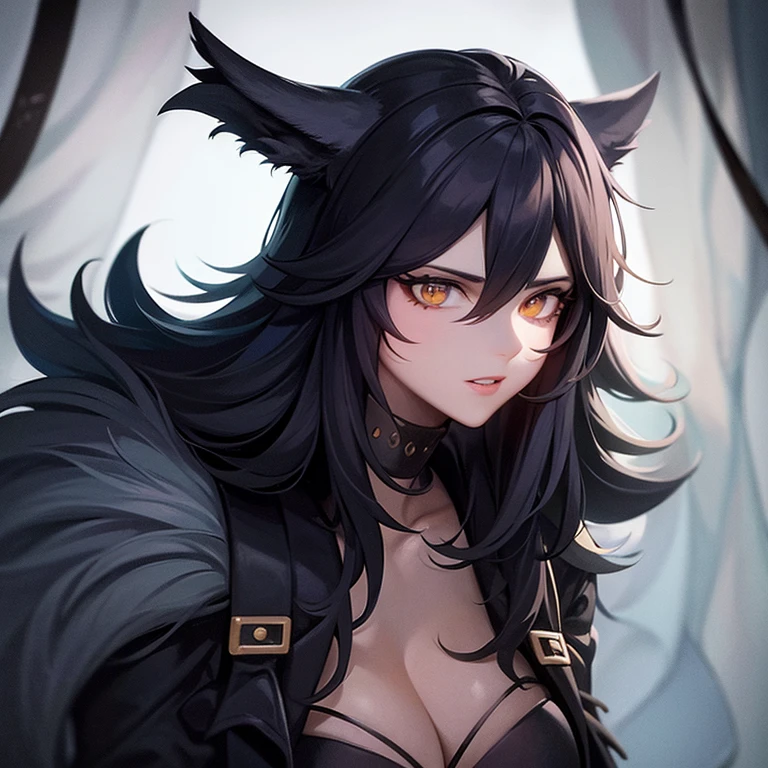 cadaverous werewolf with black fur, olhos vermelhos e brilhantes, average height and weight