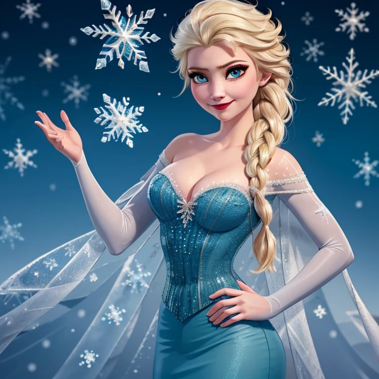 (masterpiece, best quality:1.2), Elsa, 1girl, solo, looking at viewer, blue dress, from frozen, cleavage, long white hair, blue skirt, blue eyes, sexy smirk, frozen castle, 