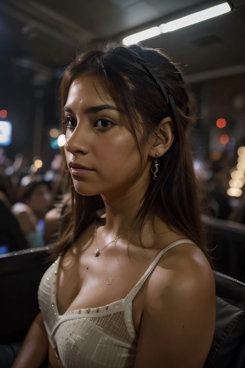 (calidad media, 1080 megapixels, media Resolucion, half resolution:1.2), (profesional, realista, fotorrealista:1.37), mujer latina, inside a night club, (relajado, calma, peaceful), (con auriculares puestos, listening to music)