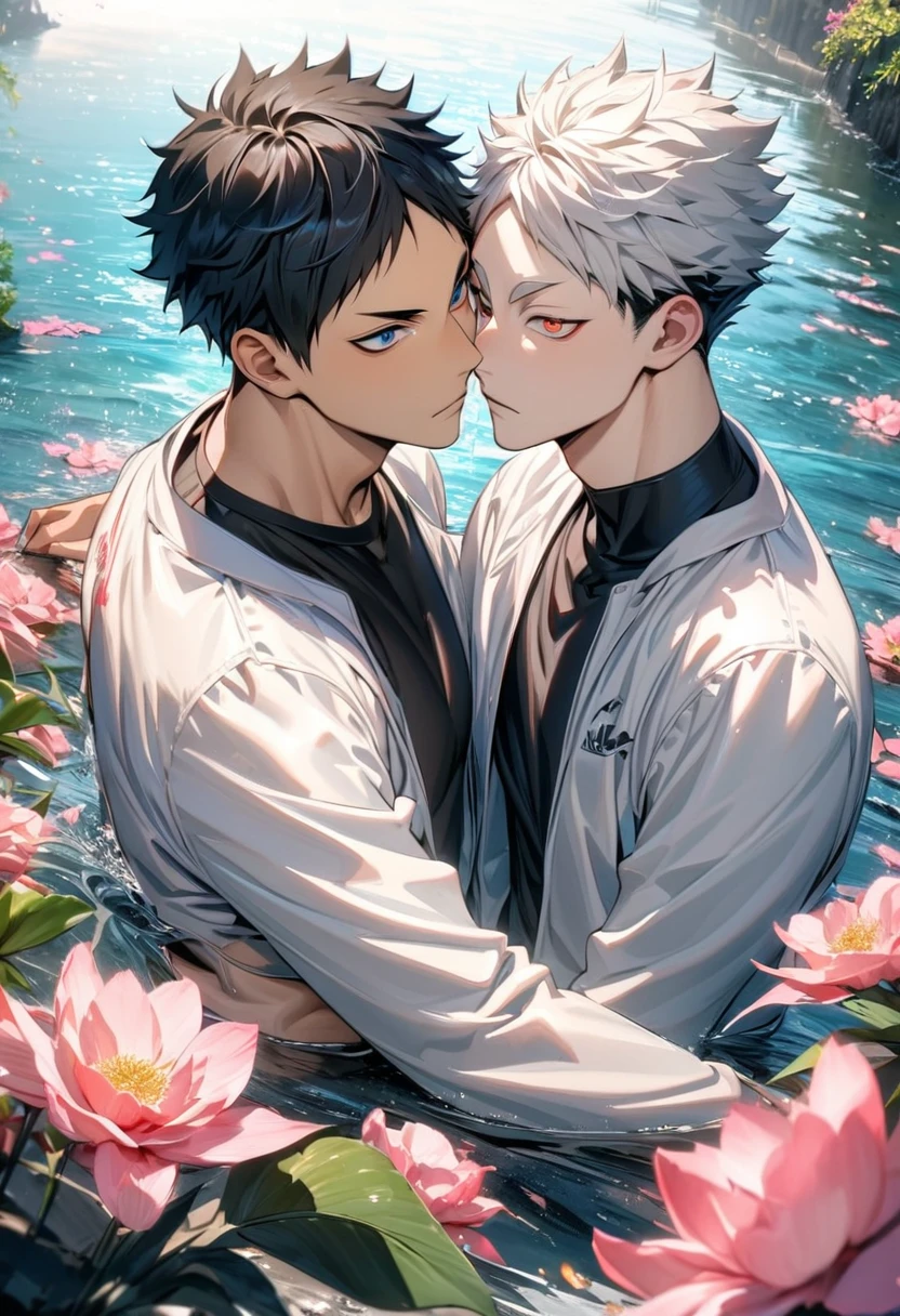 absurdres, highres, ultra detailed, HDR), masterpiece, Akaashi Keiji, vibrant dark blue eyes, black hair, Haikyuu, Bokuto Kotaro, white hair, vibrant amber eyes, 2men together, gay couple, handsome, water, pink flowers, pink butterflies, white jacket, black T-shirt
