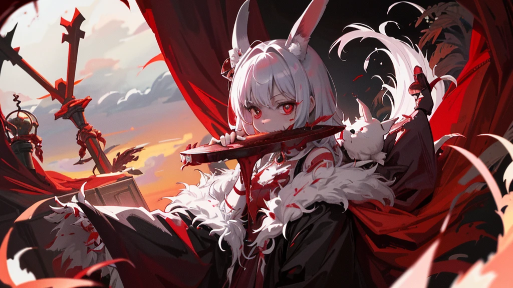 The evil bunny, with its piercing red eyes and bloodstained paws, stood against a dimly lit background. Its once fluffy white fur was now stained with fresh blood, adding to its ominous appearance. In one hand, it clutched a large, blood-red carrot drenched in gore, while in the other, it held a ragged knife. Its expression was one of malice and delight, relishing the savagery of the moment. The altar behind it was adorned with remnants of sacrificial offerings, completing the eerie scene.