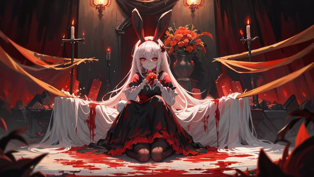 The evil bunny, with its piercing red eyes and bloodstained paws, stood against a dimly lit background. Its once fluffy white fur was now stained with fresh blood, adding to its ominous appearance. In one hand, it clutched a large, blood-red carrot drenched in gore, while in the other, it held a ragged knife. Its expression was one of malice and delight, relishing the savagery of the moment. The altar behind it was adorned with remnants of sacrificial offerings, completing the eerie scene.