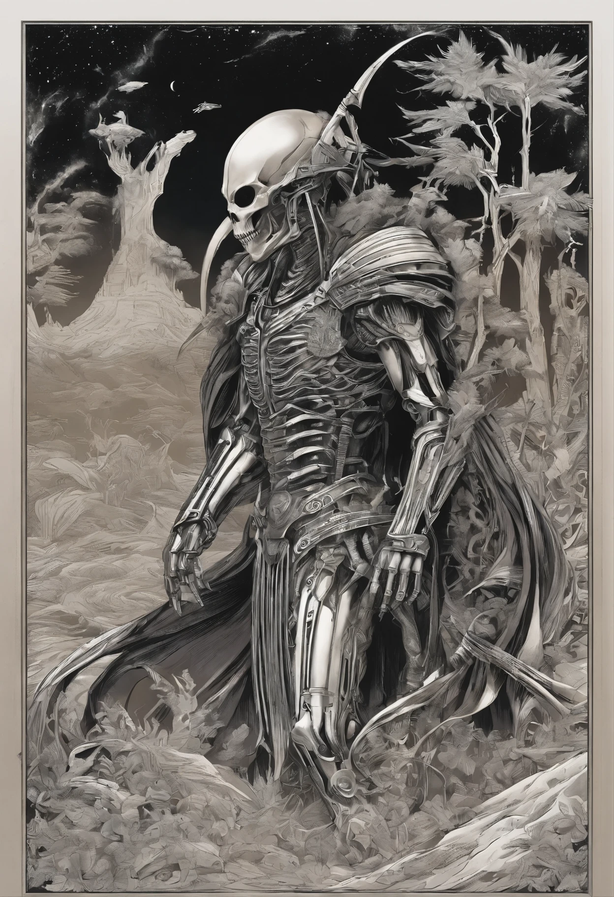 there is a skeleton treveler that is sitting in a forest, movie still of a alien cyborg, endoskeleton, giger's biomechanical xenomorph, terminator skeleton, noriyoshi ohrai masterpiece, stan winston, by Noriyoshi Ohrai, stephen youll, cyber skeleton, portrait of a cyber skeleton, giger ’ s xenomorph hyper-realistic portrayal of a homeless draped in a striking black cloak, standing amidst a landscape of rugged terrain. Render every fold and texture of the fabric with meticulous detail, capturing the interplay of light and shadow as it cascades over the knight's form. The armor should gleam with a lustrous sheen, reflecting the surrounding environment with stunning clarity. Incorporate subtle imperfections and weathering to add depth and authenticity to the scene, immersing the viewer in a world where every scratch and scuff tells a story of battles fought and victories won. This hyper-realistic depiction should transport viewers to a realm where the line between fantasy and reality blurs, leaving them in awe of the time traveler's strength