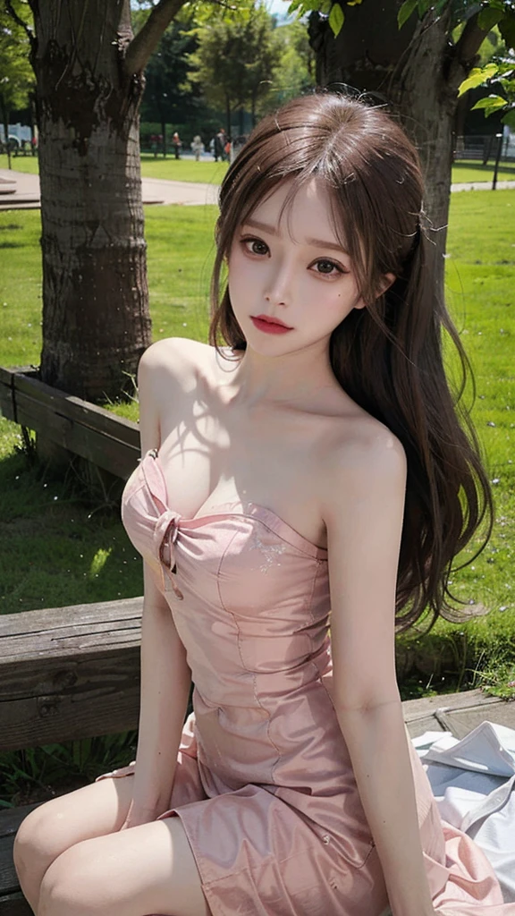(1girl:1.3), sexy pose, slim body, (photorealistic:1.4), (masterpiece, top quality, best quality, official art), extreme detailed, highest detailed, (ultra-detailed), ((an extremely delicate and beautiful)), cinematic light, (realisticlying:1.3), (highdetailskin:1.2), high resolution, 8K UHD, 4K, 8K, Bokeh, digital SLR camera, absurderes, Optimal proportions of four fingers and one thumb, in the park with trees,sitting on bench, ((silky long hair)), (brown hair), tears, beautiful face, perfect face, highly detailed beautiful face, Cute, shy,blush, dynamic angle, from above,looking at viewer, wearing Tulle Overlay Camisole dress