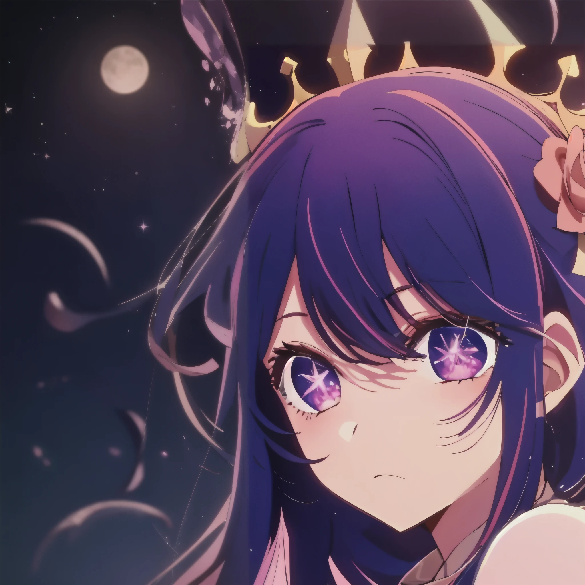 pink moon, pink sky, Soft pink clouds, pink ocean waves Glittering, Glittering, Pink roses on a pink ocean, fantasy, diamond, crown, universe, soft light,1 girl floating, ((purple hair)), star eyes, Symbol eyes, starry eyes, Medium chest, close up