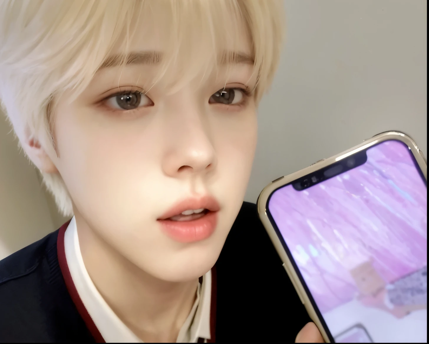 short-haired boy with blond hair holding a cell phone in his hand, Jimin\the full lips, Jimin\the right eyelid is swollen, accurate Jimin face, Jung Jaehyun, Jimin\o nariz grego, Jimin, Kim Doyoung, park Jimin, Fotografia selfie 8k, adorable and pale korean face, pintar ulzzang, cai xukun