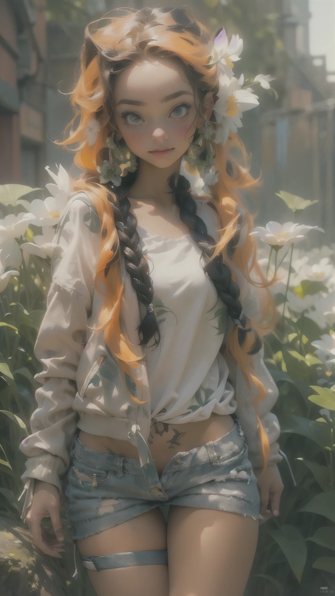 (((Create one girl 16+ years old.), (realistic), (close-up), (stands all tall), (mysterious))_((Girl), (green:1.5, orange:1.1, white:1.3, yellow:1.3))_((very sexy girl with dreadlocks), (tattoos), (naked parts of the body), (down jacket: 1.2),(jacket on the naked body, T-shirt, thong))__))_((Beautiful figure, half-turn16+ years),(realistic)),((small peach breasts, graceful figure, narrow waist, smooth hips)),((long double braids),(tight braids), (braided hair),(dark hair) ),((red lips)), ((smile)))_ ((((Shiny skin:1.5, white skin, light skin: 1.5)),((sexy), (cute))_((fractals, Flowers, leaves, fog, lilies, circles background))_((Chiaroscuro, contrast, warm - cold), (atmospheric visualization), (best quality), (Virtual realism))_)))_(((Digital painting, style anime, cyberpunk), (best quality, 4k, high resolution, masterpiece: 1.2)),((ultra detail)),((realistic, photorealistic, photorealistic: 1.37)))_(((Soft clear shapes, wide strokes, attention to detail)))_(((High quality, 16K | Ultra HD | Full HD))).