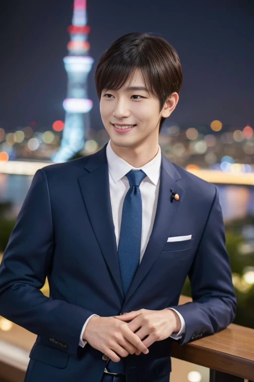 ((on the table:1.4, best quality)), (realistic pictures:1.4), ((1 person30japanese young man)), (ultra high resolution:1.2), Very delicate and handsome, wonderful, Highly detailed CG Unity 8k wallpaper, super detailed, High resolution, soft light, handsome japanese man,Neatly combed suit hair. Highly detailed eyes and faces, Beautifully detailed nose, Beautiful and delicate eyes, (Wear a short-sleeved white shirt.blue tie,Navy blue suit pants),Japanese men, (High gloss details), , Broad shoulders:1.4), movie lighting, perfect anatomy, Slender figure, chest muscles, , (city lights at night:1.4), (outdoor:1.3), (Night view of Tokyo Skytree, Japan), , looking at the audience, Smile.