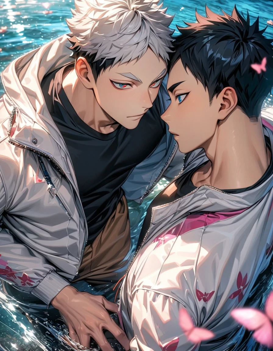 absurdres, highres, ultra detailed, HDR), masterpiece, Akaashi Keiji, vibrant dark blue eyes, black hair, Haikyuu, Bokuto Kotaro, spiked up white hair, vibrant amber eyes, 2men together, gay couple, handsome, water, pink flowers, pink butterflies, white jacket, black T-shirt