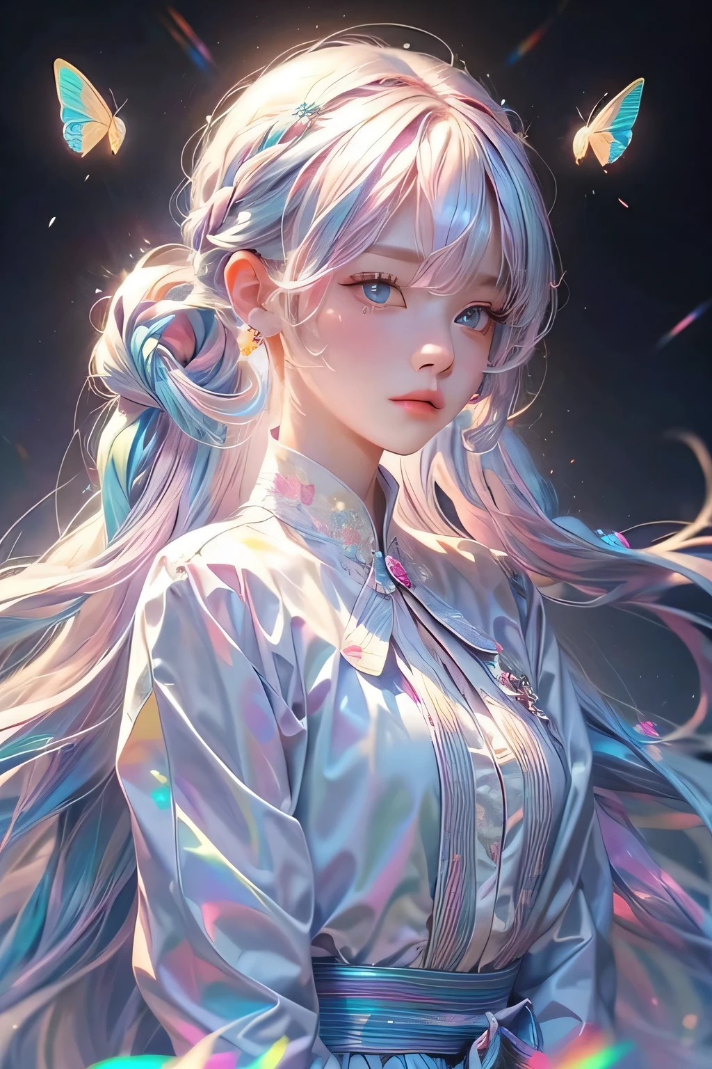 (masterpiece), (best quality),school background, (ultra detailed),(pink and blue hair),(illustration), (1girl), (wearing korean ), standing, Fashion model, looking at viewer, (interview), (korean school background ),beautiful detailed eyes, delicate beautiful face, Floating,(high saturation),(colorful splashes),colorful bubble,(shining), focus on face, hair braids , kamisato ayaka, light white hair, bangs, hair ring, floating butterflies , floating hairs, (shining), best lighting, best shadow,