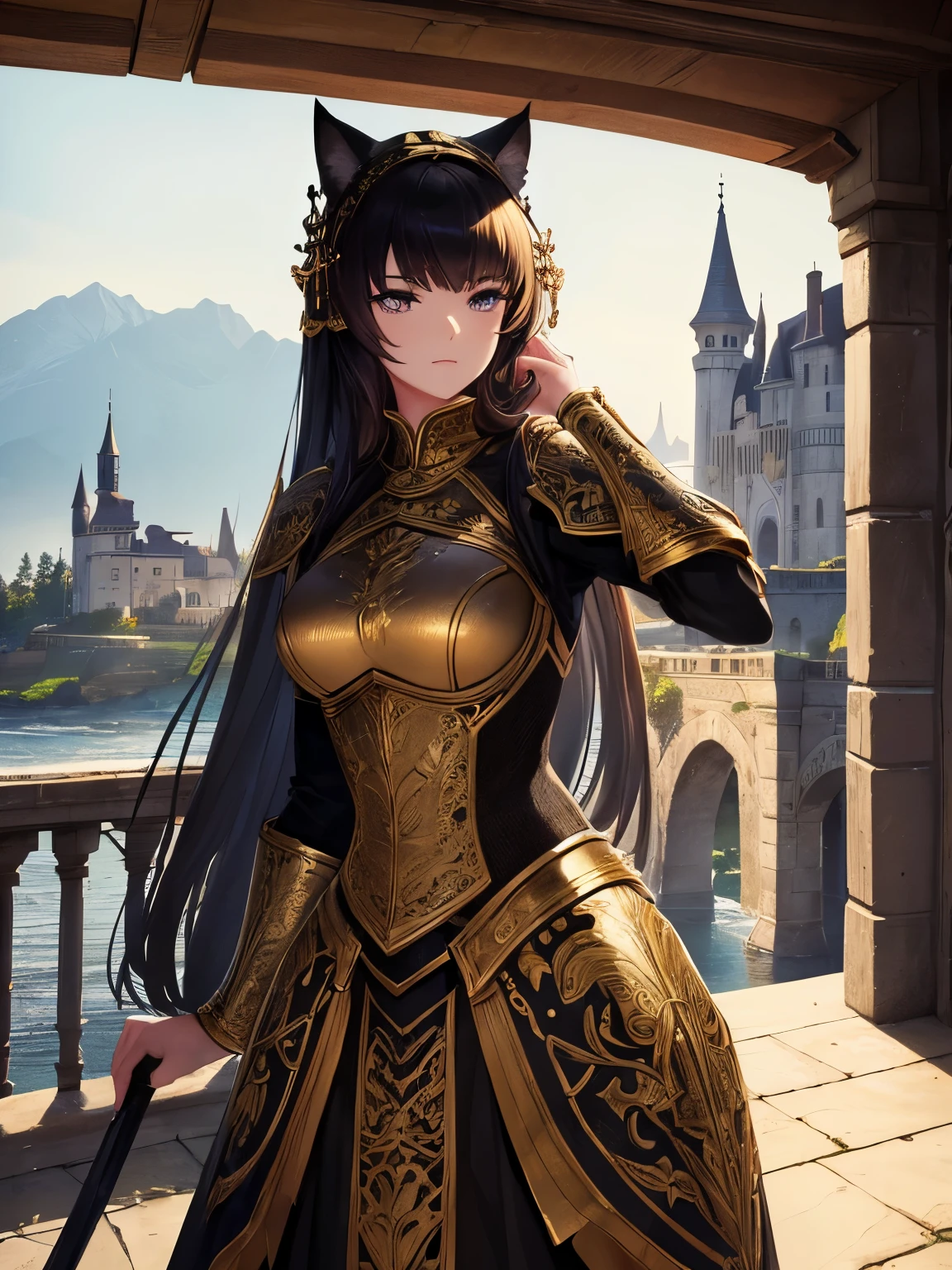 (masterpiece), (best quality), (very aesthetic), (ultra-detailed), (best illustration), realistic, lady likes cat, black armor with goldwork, knight, wide angle, gate of castle,