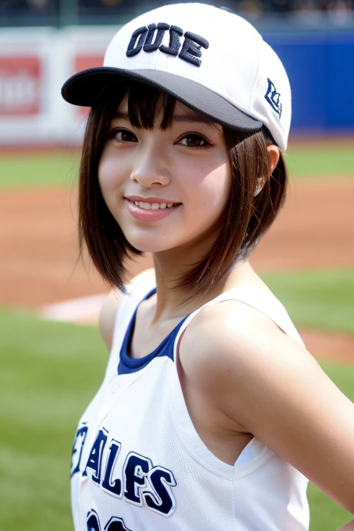 anime one cute smile girl, large expressive eyes, high quality, wearing a baseball cap, from front, in a baseball stadium
