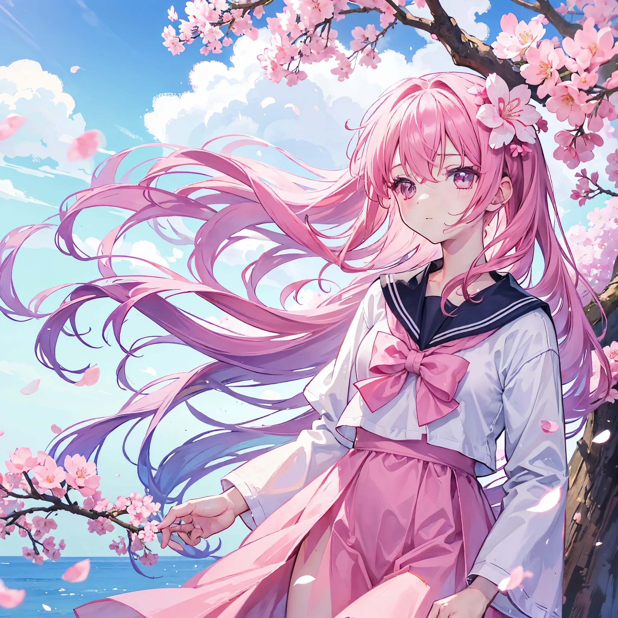 1girl, solo, hair between eyes, closed mouth, standing, flower, outdoors, sky, cloud, tree, petals, floating hair, cherry blossoms, pink flower, (sailor suit), (((face focus))), (((looking at another)))
