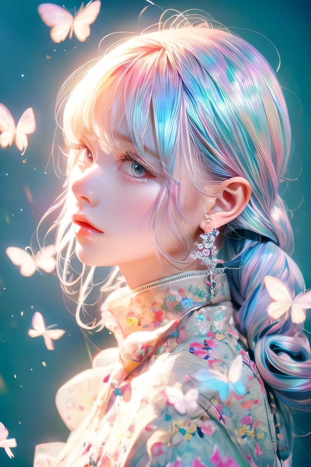 (masterpiece), (best quality),school background,  (ultra detailed),(pink and blue hair),(illustration), (1girl), (wearing korean  ), standing, Fashion model, looking at viewer, (interview), (korean school background ),beautiful detailed eyes, delicate beautiful face, Floating,(high saturation),(colorful splashes),colorful bubble,(shining), focus on face,  hair braids , kamisato ayaka, light white hair, bangs, hair ring, floating butterflies , floating hairs, (shining), best lighting, best shadow,
