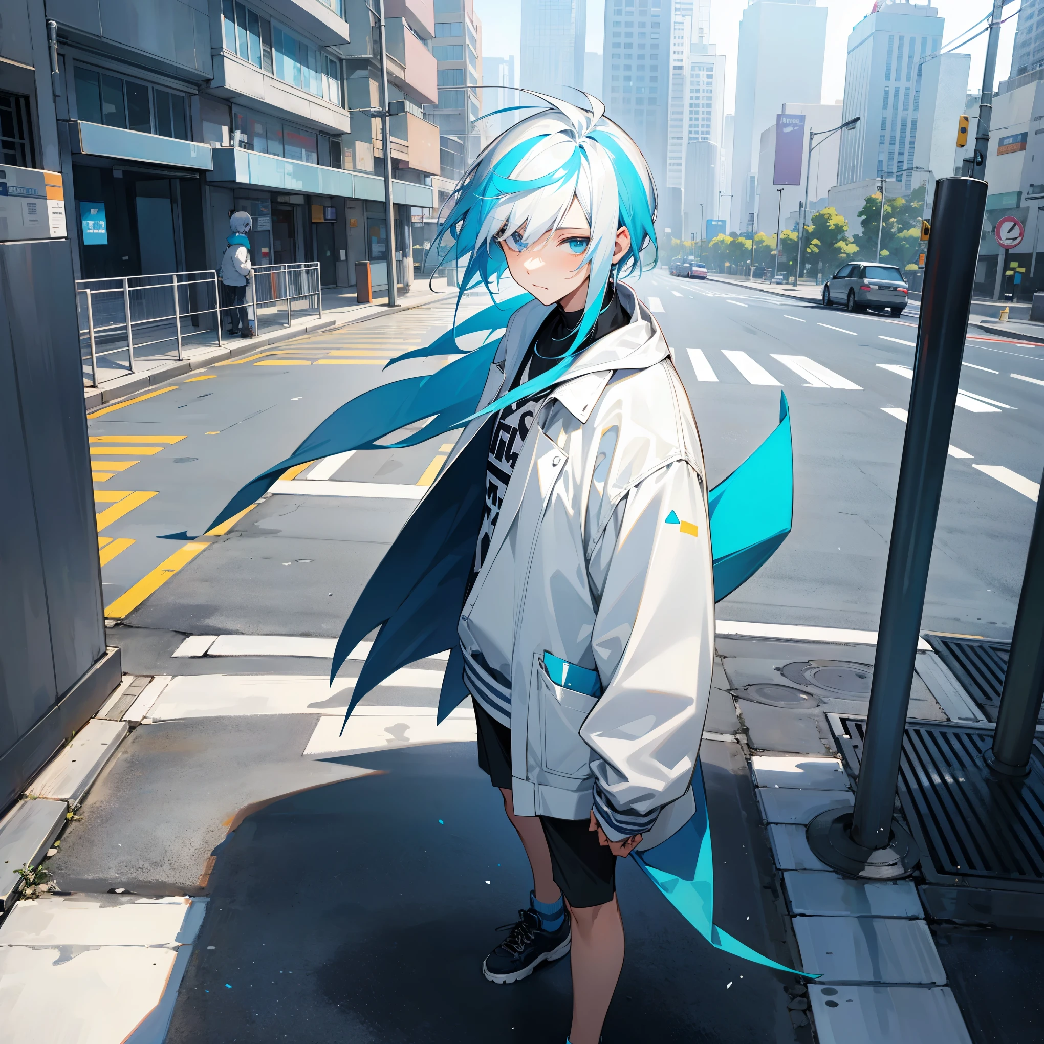 1male , Two Tone Hair , White and Blue Hair , Casual Clothing , Standing on sidewalk , Modern City Background , Chill Expression