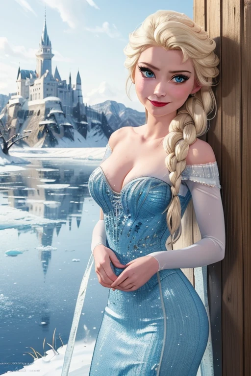 (masterpiece, best quality:1.2), Elsa, 1girl, solo, looking at viewer, blue dress, from frozen, cleavage, long white hair, blue skirt, blue eyes, sexy smirk, frozen castle, 