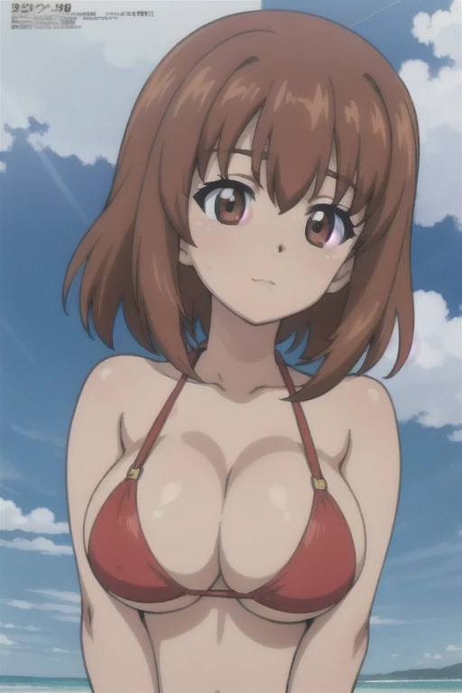 (anime cels style, best quality, high resolution, megami magazine, anime poster style, sharp, 8k, photorealistic), (beautiful eyes:1.2), (kondou_taeko:1.5, Girls und Panzer), 1girl, brown medium hair, brown eyes, (red hachimaki under bangs), (large breast), (red bikini), upper body, (perfect detailed anatomy, beautiful face, perfect body, perfect arms, shiny skin), sunshine, bluesky