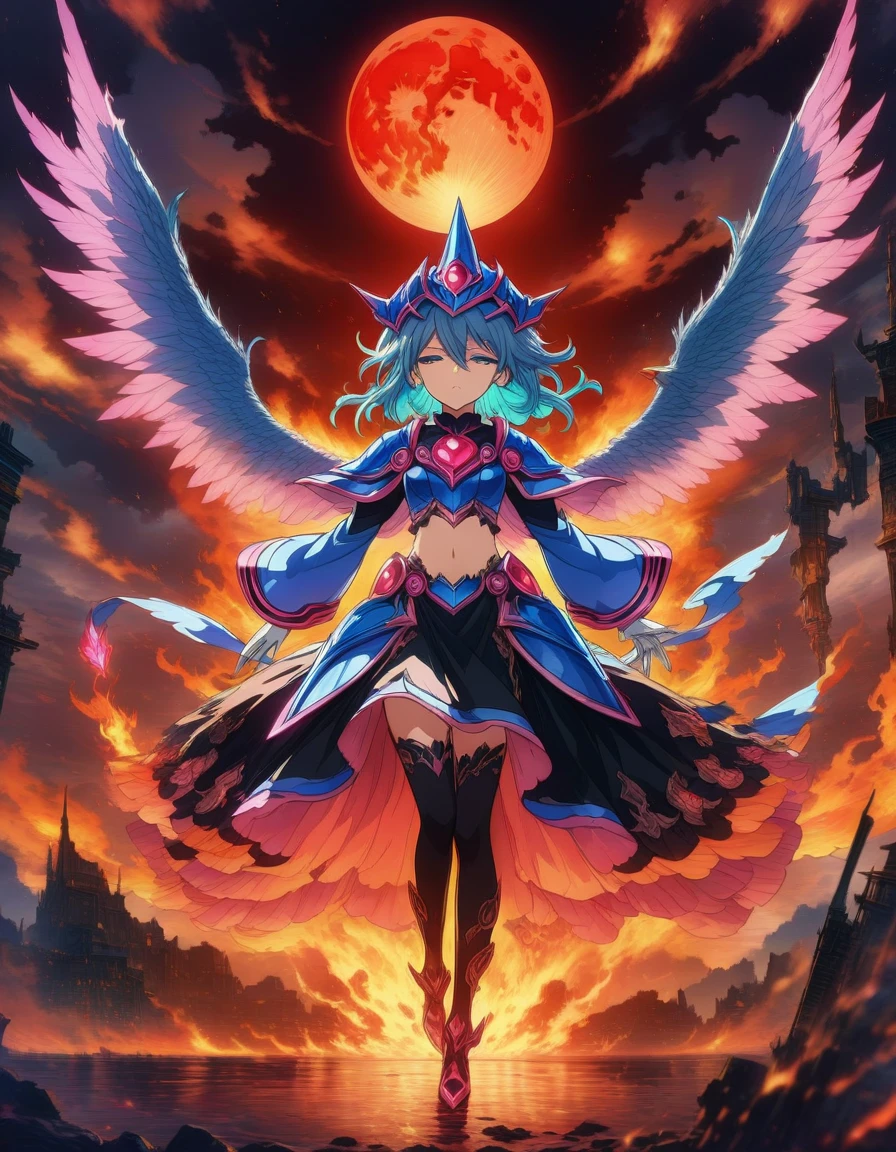 1girl, (dark magician girl:1.1), beautiful detailed glow, (beautiful detailed eyes), big forehead,flower, large top sleeves, Floating ashes, Beautiful and detailed explosion, red moon, fire, Fire cloud, Wings on fire, a cloudy sky, smoke of gunpowder, burning, black dress, expressionless, beautiful detailed white gloves, Dove of peace, (floating cloud:1.2), azure hair, long bangs, hairs between eyes, black knee-highs, black ribbon, white bowties, midriff,(((half closed eyes))), detailed matte painting, deep color, fantastical, intricate detail, splash screen, complementary colors, fantasy concept art, 8k resolution trending on Artstation Unreal Engine 5 . (masterpiece), (best quality), (ultra-detailed), very aesthetic, illustration, disheveled hair, perfect composition, moist skin, intricate details, anime artwork, anime style, visual, vibrant, studio anime, highly detailed, aesthetic