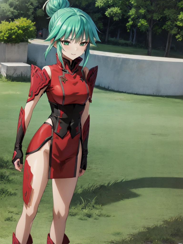 nsfw , Tsukuyomi Mana , (((highres official art))) , (((1girl))) , (((solo))) , (((nude))) , green hair , green eyes , blush , shy , sidelocks , single hair bun , light smile , parted lips , standing , outdoor, (((cowboy shot)))