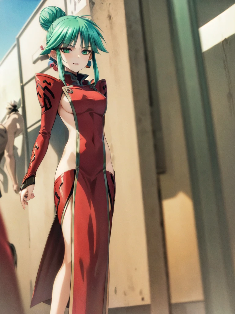 nsfw , Tsukuyomi Mana , (((highres official art))) , (((1girl))) , (((solo))) , (((nude))) , green hair , green eyes , blush , shy , sidelocks , single hair bun , light smile , parted lips , standing , outdoor, (((cowboy shot)))