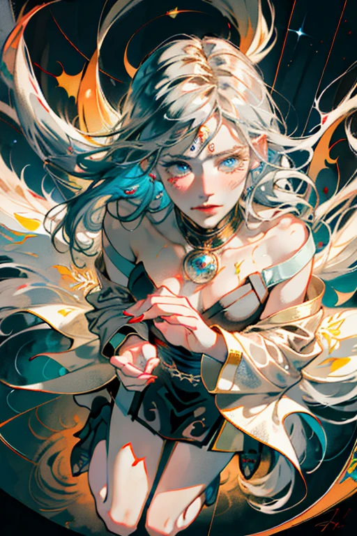 Body painting of a European female, kneeling down while crying angrily, black burn scar on the whole left side of her body, long hair, very messy hair, silver hair, dark blue eyes, white diamond pupil, sharp black claws on her left hand, thorny frame, Decorative panels, abstract, night time,
artistic, by Alphonse Mucha
(Masterpiece, Best Quality, Highres:1.4), Detailed, Intricate Details, 4K, color splashes, line art, fibonacci, 8k,masterpiece,highest quality, (From above:1.6) ,(close:1.1),dynamic pose, watercolor painting \(Moderate\),watercolor painting,(Plain beige long-sleeved dress that hugs the body:1.3)