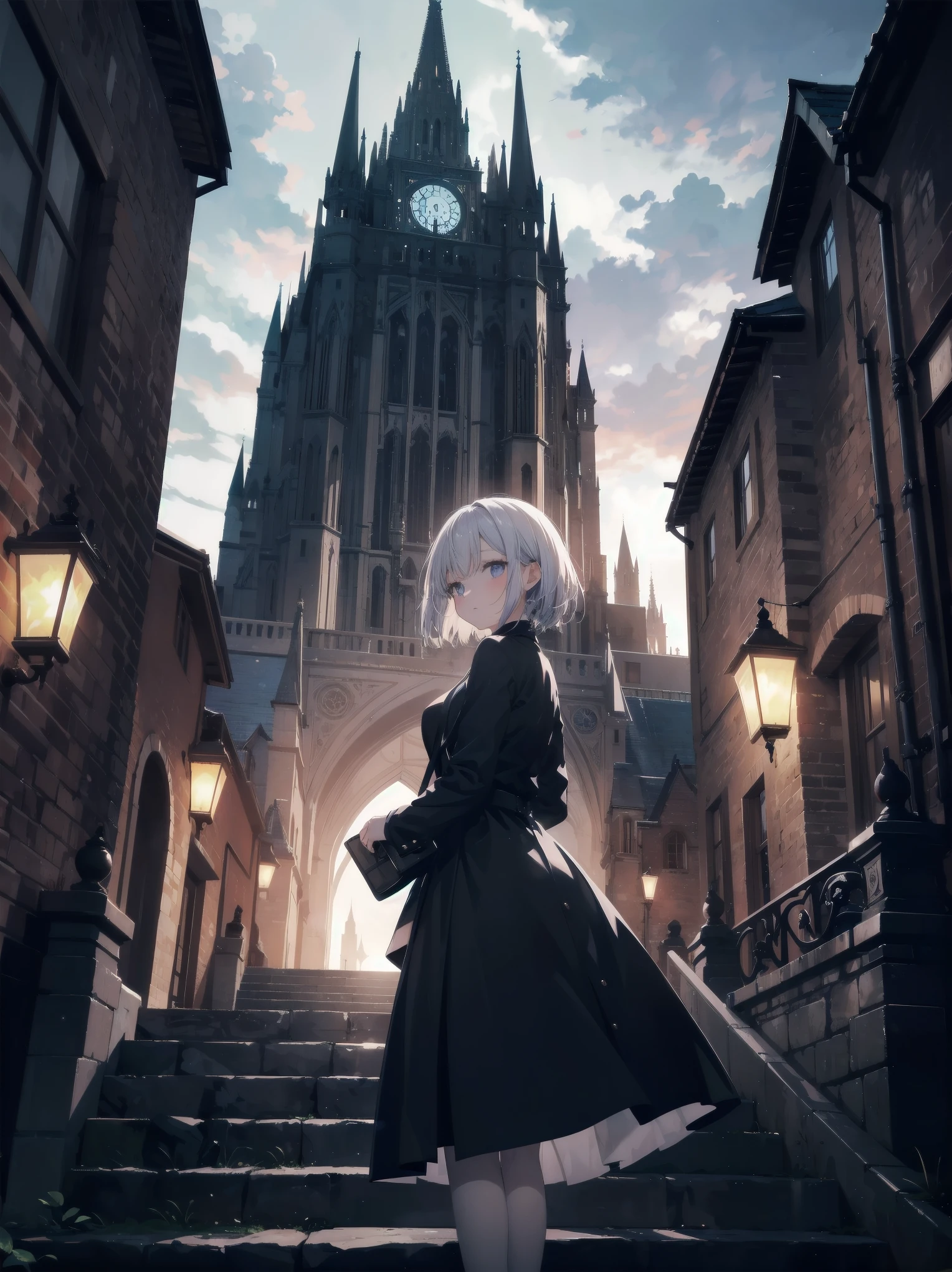 Girl looking up Scene 1: Twilight tower shadow The girl stands quietly against the sky, which is dyed an azure colour. Towering up in front of her is a huge structure called the Tower of Babel. Its form, which seems to pierce through the clouds, seems as if it is about to reach the heavens. The girl's gaze is directed towards the top of the tower. The tower, shrouded in evening darkness, creates a fantastic atmosphere. The surface of the tower is engraved with intricate patterns. It looks like ancient writing. The girl seems to sense something deep within the tower. Is it the memory of a masterpiece story or a longing for an unknown fantasy world? Scene 2: Memory of the starry sky The girl stands at the top of the tower amidst countless twinkling stars in the night sky. At her feet, the lights of the city shine like jewels. The girl closes her eyes and takes a deep breath. The scent of the night breeze is mixed with the old smell of the tower. The girl's mind replayed a famous story. It was a story of adventure and friendship that the girl read as a . The hero of the story, like the girl, climbed the Tower of Babel. There, she meets her friends and overcomes various difficulties. The girl dreamed that one day she, like the hero, would go on an adventure. Scene 3: The promise of the morning glow The girl left the tower just as the light of the morning sun was illuminating it. Looking back, the tower shone in the morning sun and even looked divine. The girl decides that one day she will climb this tower again. And when she does, she vows to spin out the rest of the masterpiece's story. Step by step, the girl walked into the future.