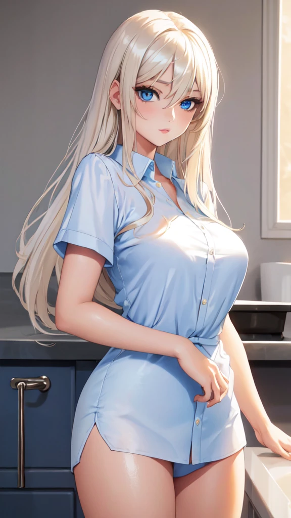 Unparalleled beauty, shiny shiny firm and shiny skin, bangs between eyes, shiny straight beautiful platinum blonde, super long straight silky hair, eyeliner, sexy beautiful innocent , high definition big big beautiful bright blue eyes, beautiful and lovely girl, baby face, short sleeve shirt
