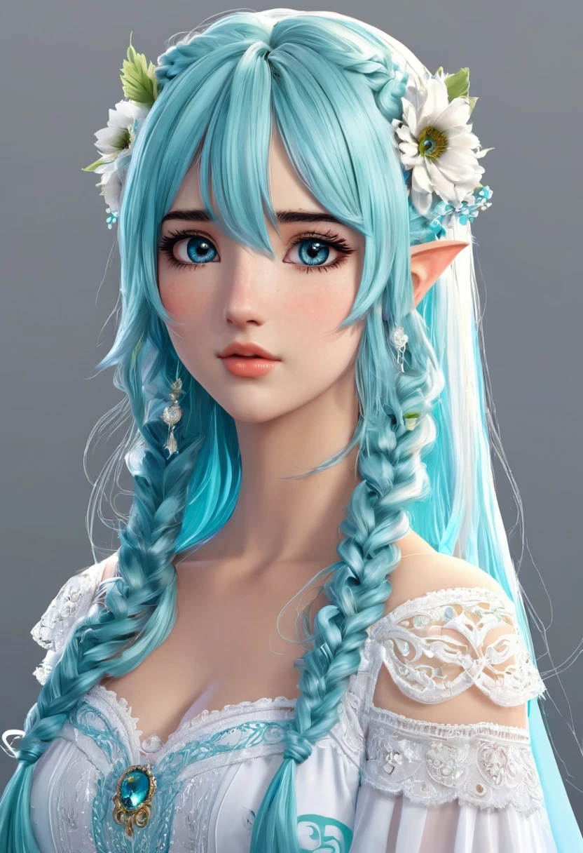 Garota anime 2d albina dos olhos azuis e cabelos longos e brancos, presos num rabo de cavalo e com orelhas e rabo de lobo, com rosto angelical e corpo bem esculpido, com um vestido asthetic.