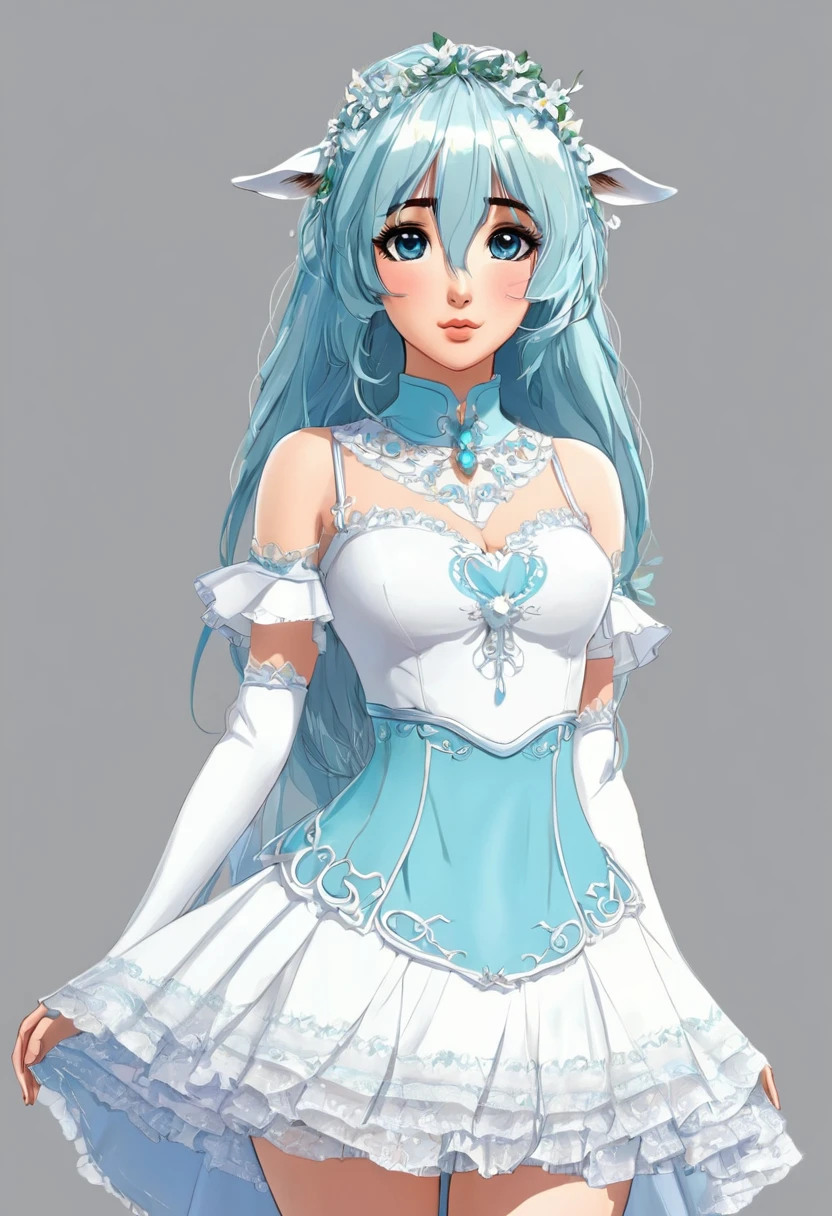 Garota anime 2d albina dos olhos azuis e cabelos longos e brancos,  presos num rabo de cavalo e com orelhas e rabo de lobo, com rosto angelical e corpo bem esculpido, com um vestido asthetic.