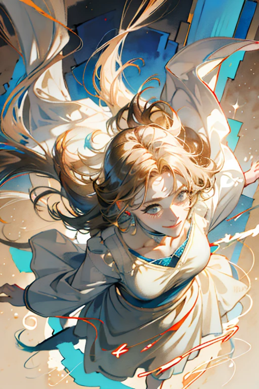 8k,masterpiece,highest quality, (From above:1.6) ,(close:1.1),dynamic pose,30 year old female,portrait, light, long hair, smile, watercolor painting \(Moderate\),watercolor painting,(Plain beige long-sleeved dress that hugs the body:1.3)