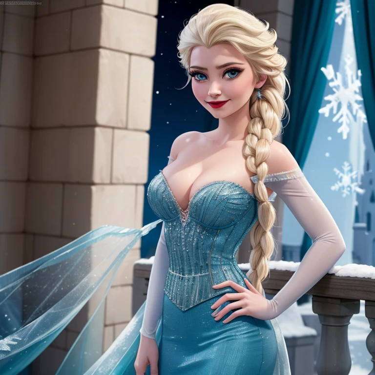 (masterpiece, best quality:1.2), Elsa, 1girl, solo, looking at viewer, blue dress, from frozen, cleavage, long white hair, blue skirt, blue eyes, sexy smirk, frozen castle, 