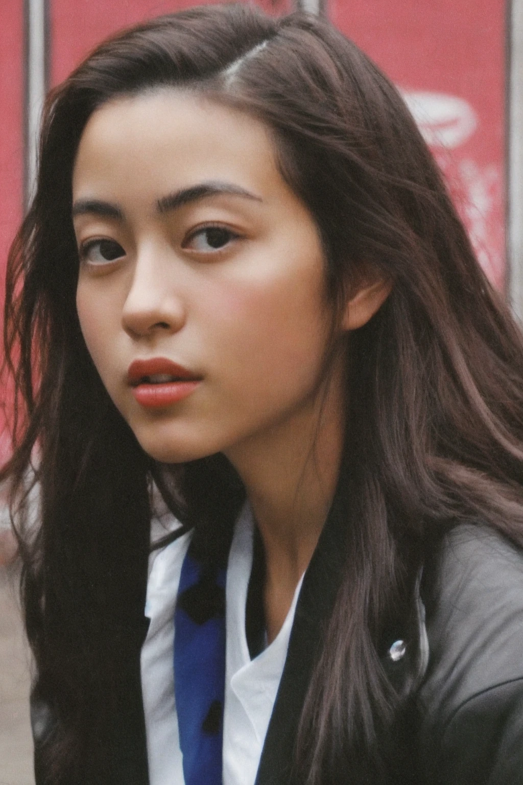 A beautiful Japanese woman with a greasy, glossy face.
