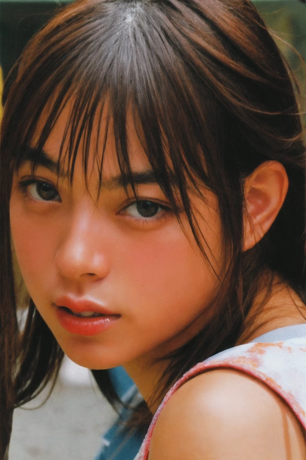 A beautiful Japanese woman with a greasy, glossy face.