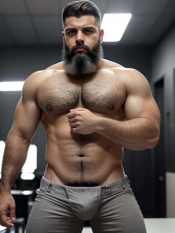 obra maestra, cuerpo completo, Mejor calidad, high resolution, primer retrato, enfoque masculino, enfocarse solo, muscular, fuerte, peludo, male, (descamisado: 1.2), foto,realista, antecedentes detallados, un hombre guapo, 45 years, Pelo gris, Traje, mostrando el pecho, barba, el vello corporal, piernas abiertas, oficina al fondo, luz brillante, amazing composition, Vista frontal, HDR, volumetric lighting, ultra calidad, elegant, muy detallado