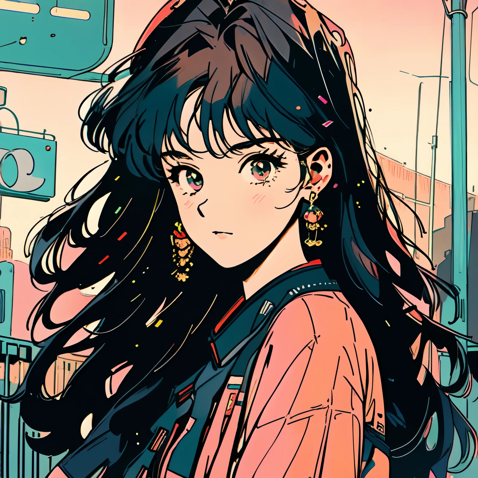 best quality, 4k wallpaper, masterpiece, Extremely detailed CG unified 8k wallpaper, extremely detailed eyes, Super detailed, intricate details, Close center 1 happy girl, Retro art style, neon_pop art style, vaporwave,people, outdoor, road sign, City, people,Melancholic maiden,Bangs hairstyle,female high school student,Japanese Showa Era Idols,citypop,girl wearing sunglasses,Cool girl