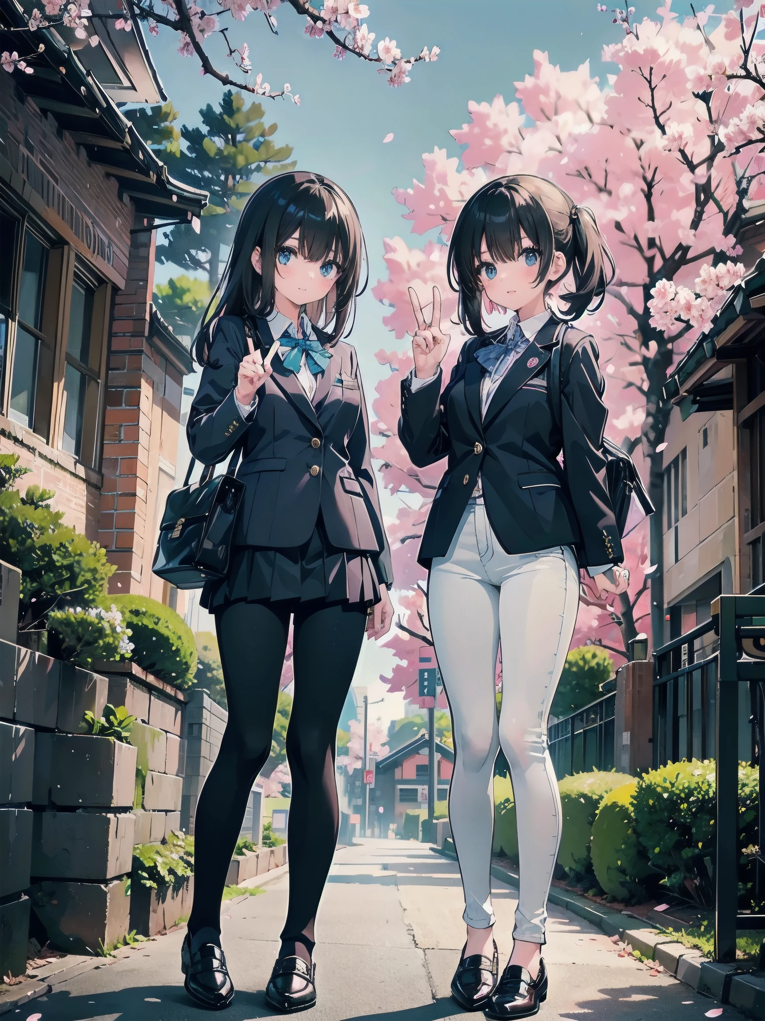 Two high school girls wearing blazer uniforms、A 28-year-old female teacher wearing a white peplum casual outfit and black skinny jeans, typical of an adult woman.、A peace sign in front of a cherry blossom tree and a brick school building reminiscent of Tokyo Station