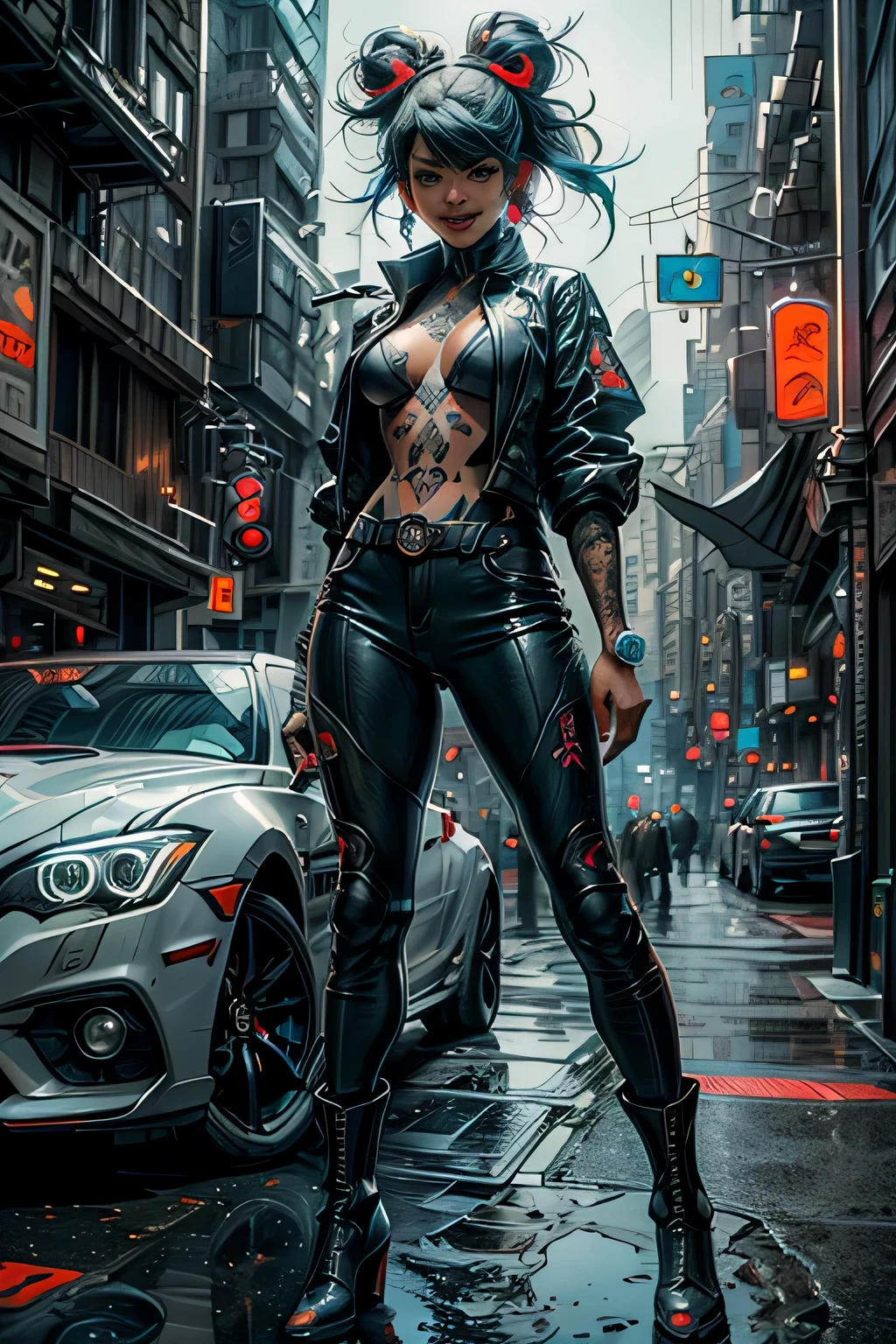 Portrait masterpiece, face closeup, best quality, ((smiling)) naked girl, Cyberpunk boots, wide open jacket, no bra, body tattoo, fully naked, leaning against a car, exposed breasts, hard nipples, eye-catching accessories, trendy and innovative hairstyle, dazzling Cyberpunk cityscape, skyscrapers, neon signs, LED lights, bright and vivid color scheme, anime, illustration, detailed skin texture, beautiful detailed face, intricate details, ultra detailed, cinematic lighting, dark shadows.