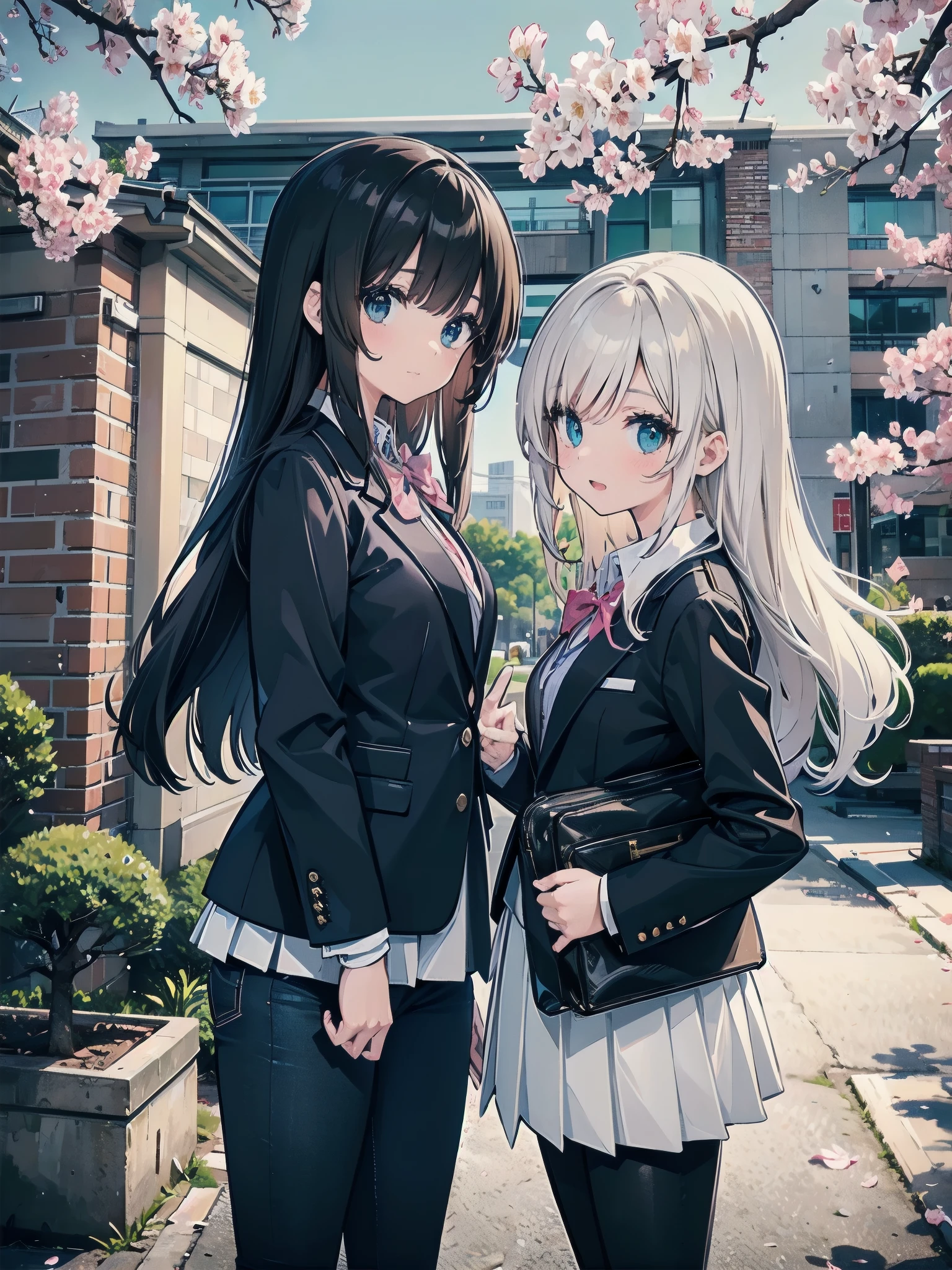 Two high school girls wearing blazer uniforms、A 28-year-old female teacher wearing a white peplum casual outfit and black skinny jeans, typical of an adult woman.、A peace sign in front of a cherry blossom tree and a brick school building reminiscent of Tokyo Station