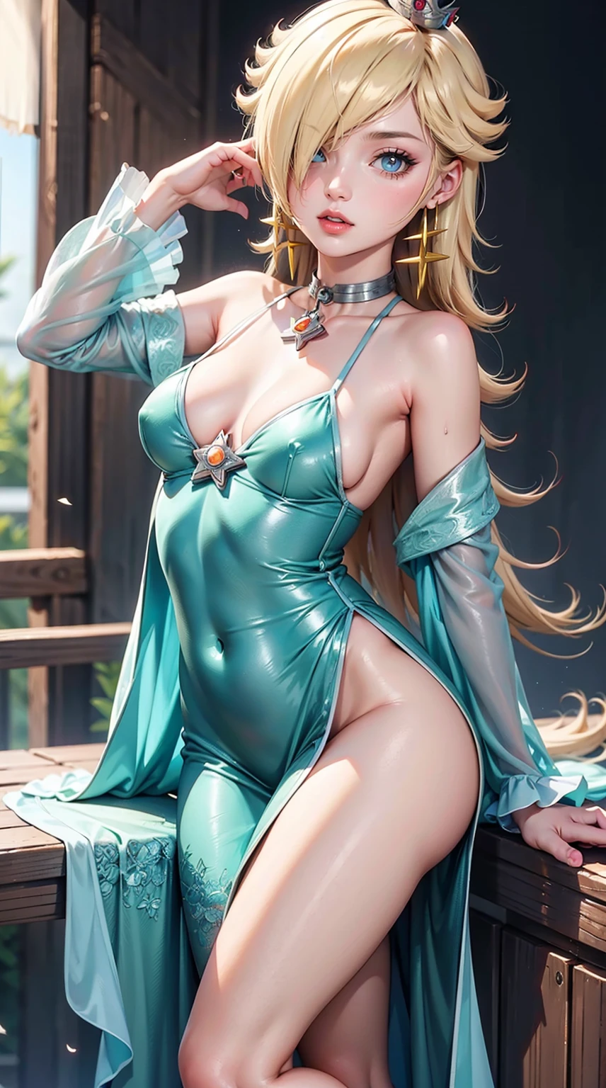 25-year-old Caucasian woman、ash blonde、blue eyess、Semi-long、setting hair、I'm tying my hair、My hair is wavy、Slender but thin macho、accessories on the wrist、wearing a chain necklace、Beautiful breasts、a smile、I need space above my head、Wearing a high-leg retard、Wearing heels、