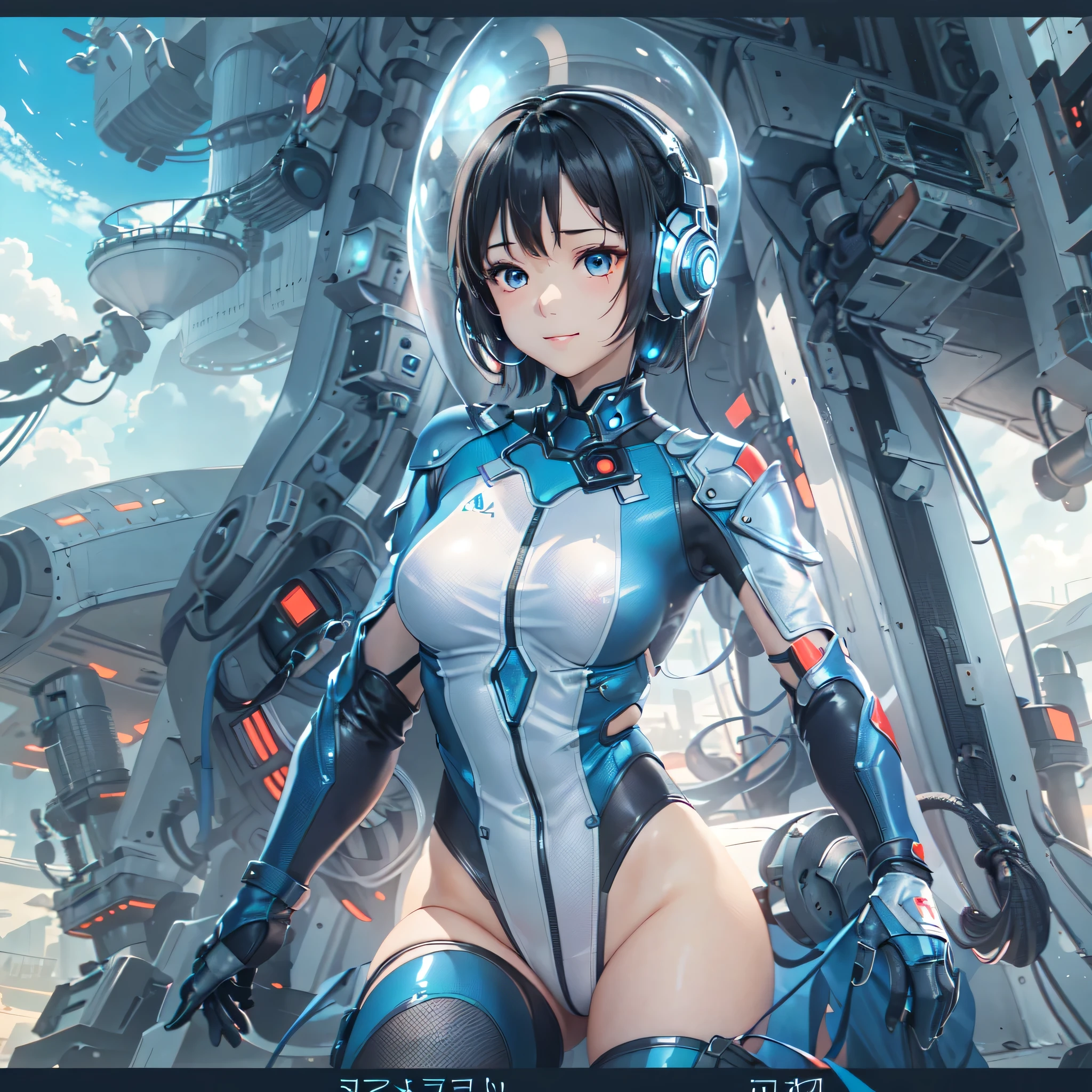 (masterpiece、highest quality、highest resolution、clear_image、detailed details、Angle from above): (full body figure、One 20 year old girl、Japanese faces、small face、Slender、Navy blue super short bob cut hair、(hidden small breasts:1.3)、sparkling blue eyes、Shiny pilot suit in blue and black colors、armor that protects the chest、tight fitting clothes、clothes that cover the whole body、shiny clothes、tight fit pants、hide the skin、very delicate and beautiful、detailed skin、hide thighs、hide your butt、cute type、gentle smile、soft expression、heroine、headset、Knee-high boots、gloves up to the elbow、eye level shot、facing directly、woman on a spaceship)