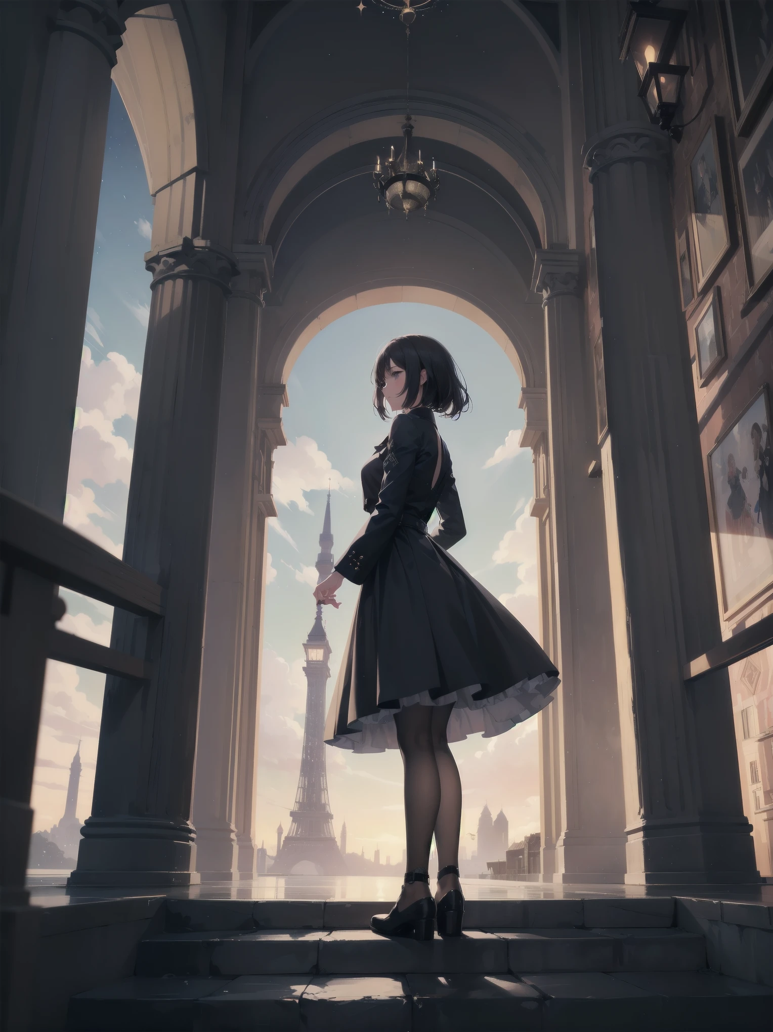 Girl looking up Scene 1: Twilight tower shadow The girl stands quietly against the sky, which is dyed an azure colour. Towering up in front of her is a huge structure called the Tower of Babel. Its form, which seems to pierce through the clouds, seems as if it is about to reach the heavens. The girl's gaze is directed towards the top of the tower. The tower, shrouded in evening darkness, creates a fantastic atmosphere. The surface of the tower is engraved with intricate patterns. It looks like ancient writing. The girl seems to sense something deep within the tower. Is it the memory of a masterpiece story or a longing for an unknown fantasy world? Scene 2: Memory of the starry sky The girl stands at the top of the tower amidst countless twinkling stars in the night sky. At her feet, the lights of the city shine like jewels. The girl closes her eyes and takes a deep breath. The scent of the night breeze is mixed with the old smell of the tower. The girl's mind replayed a famous story. It was a story of adventure and friendship that the girl read as a . The hero of the story, like the girl, climbed the Tower of Babel. There, she meets her friends and overcomes various difficulties. The girl dreamed that one day she, like the hero, would go on an adventure. Scene 3: The promise of the morning glow The girl left the tower just as the light of the morning sun was illuminating it. Looking back, the tower shone in the morning sun and even looked divine. The girl decides that one day she will climb this tower again. And when she does, she vows to spin out the rest of the masterpiece's story. Step by step, the girl walked into the future.
