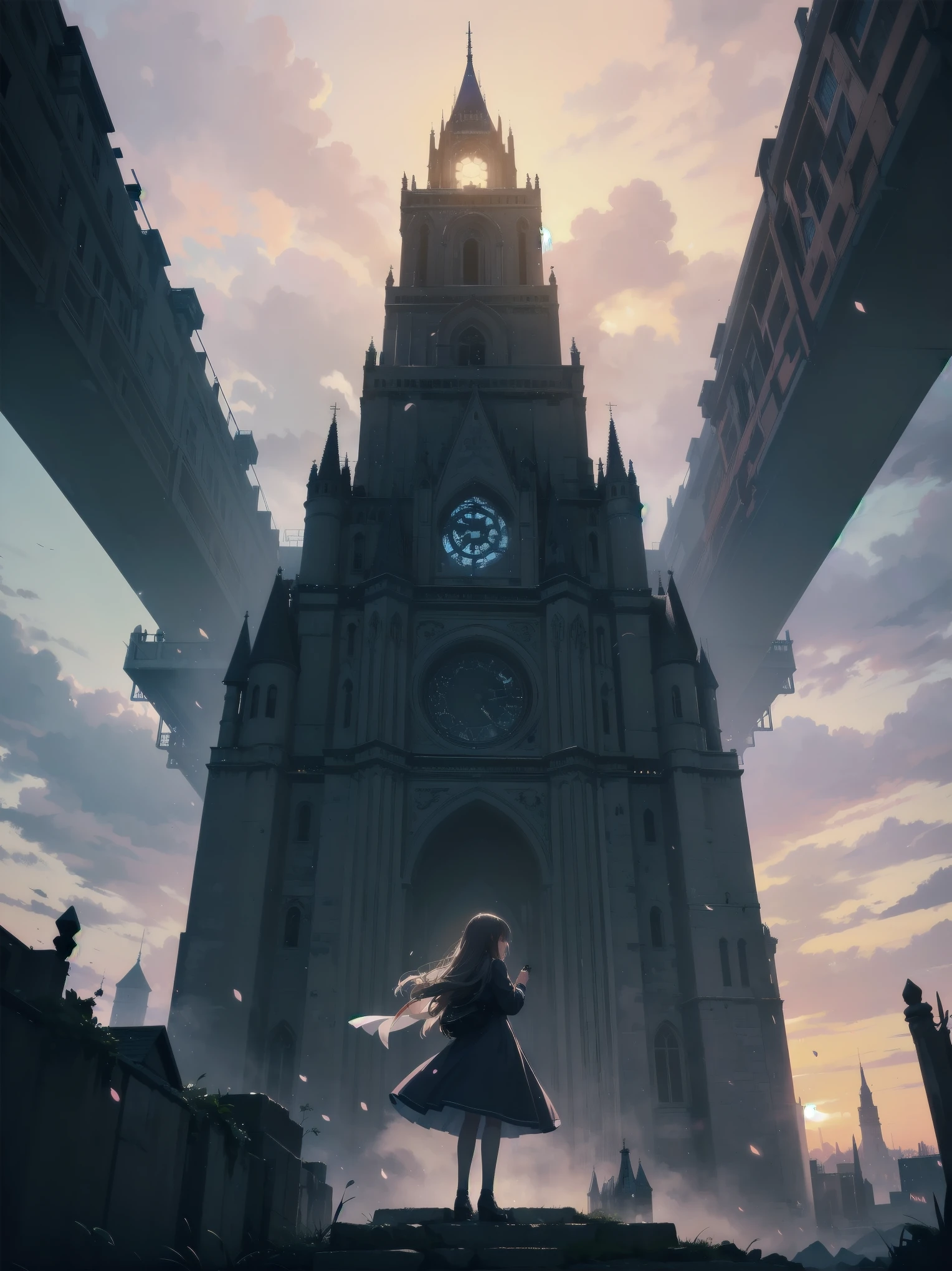Girl looking up Scene 1: Twilight tower shadow The girl stands quietly against the sky, which is dyed an azure colour. Towering up in front of her is a huge structure called the Tower of Babel. Its form, which seems to pierce through the clouds, seems as if it is about to reach the heavens. The girl's gaze is directed towards the top of the tower. The tower, shrouded in evening darkness, creates a fantastic atmosphere. The surface of the tower is engraved with intricate patterns. It looks like ancient writing. The girl seems to sense something deep within the tower. Is it the memory of a masterpiece story or a longing for an unknown fantasy world? Scene 2: Memory of the starry sky The girl stands at the top of the tower amidst countless twinkling stars in the night sky. At her feet, the lights of the city shine like jewels. The girl closes her eyes and takes a deep breath. The scent of the night breeze is mixed with the old smell of the tower. The girl's mind replayed a famous story. It was a story of adventure and friendship that the girl read as a . The hero of the story, like the girl, climbed the Tower of Babel. There, she meets her friends and overcomes various difficulties. The girl dreamed that one day she, like the hero, would go on an adventure. Scene 3: The promise of the morning glow The girl left the tower just as the light of the morning sun was illuminating it. Looking back, the tower shone in the morning sun and even looked divine. The girl decides that one day she will climb this tower again. And when she does, she vows to spin out the rest of the masterpiece's story. Step by step, the girl walked into the future.