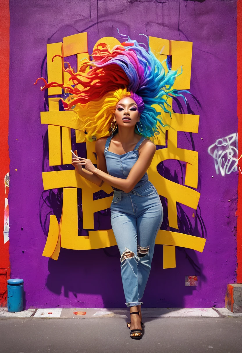 an eye-catching 3D render of a vibrant conceptual art piece, featuring a woman holding a sign with the words , the sign is saturated with bold, contrasting colors—red, yellow, and purple, the woman's hair is a whirlwind of colors, matching the palette of the sign,the background is painted in a graffiti style, with swirls and lines of various shades, creating a dynamic, energetic atmosphere., 3d render, conceptual art, vibrant, graffiti, painting