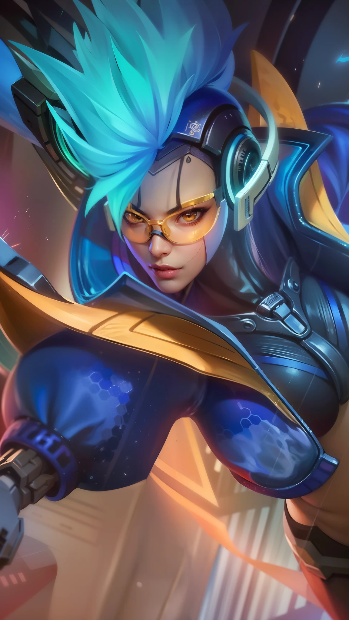 a close up of a person with a blue hair and a helmet, woman with yellow glasses, extremely detailed artgerm, artgerm detailed, artgerm lau, graphic artist artgerm, qiyana, senna from league of legends, artgerm. high detail, kda, style artgerm, artgerm jsc, trending artgerm, artgerm style, 8k, ultra hd, ultra detailed texture, hyper realistic, masterpiece, detailed texture, detailed face, detailed skin, detailed lighting, (photorealistic:1.5), best quality, beautiful lighting, cinematic lighting, professional lighting, ultra highres, realistic, detailed hair, real hair, high quality, (realskin:1.5), extremely detailed, finely detail, ultra-detailed