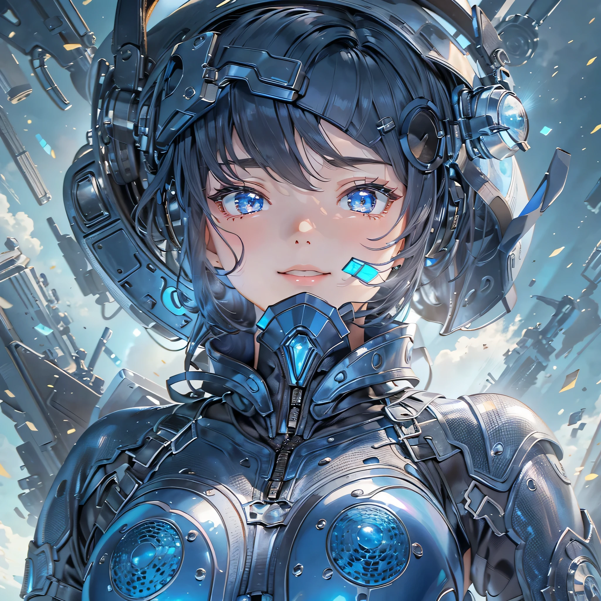 (masterpiece、highest quality、highest resolution、clear_image、detailed details、Angle from above): (full body figure、One 20 year old girl、Japanese faces、small face、Slender、Navy blue super short bob cut hair、(hidden small breasts:1.3)、sparkling blue eyes、Shiny pilot suit in blue and black colors、armor that protects the chest、tight fitting clothes、clothes that cover the whole body、shiny clothes、tight fit pants、hide the skin、very delicate and beautiful、detailed skin、hide thighs、hide your butt、cute type、gentle smile、soft expression、heroine、headset、Knee-high boots、gloves up to the elbow、eye level shot、facing directly、woman on a spaceship)